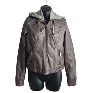 J2 Moto Jacket Women's Gray Faux Leather Lined Removable Hood Zip Up Biker